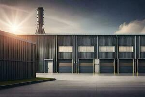 a large industrial building with two garage doors. AI-Generated photo