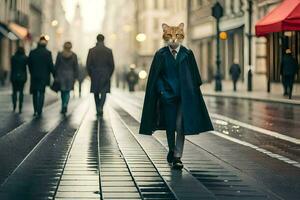 a fox wearing a suit and tie walks down a street. AI-Generated photo