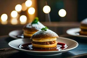 two small plates with food on them. AI-Generated photo