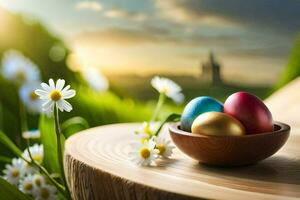 easter eggs in a wooden bowl on a table. AI-Generated photo