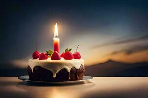 a birthday cake with a single candle on top. AI-Generated photo