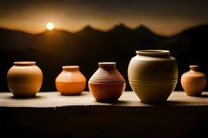 five vases are lined up on a wooden table. AI-Generated photo