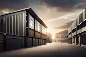 a large warehouse with two garage doors. AI-Generated photo