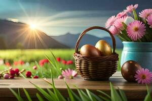 easter eggs in a basket, flowers, flowers, flowers, flowers, flowers, flowers,. AI-Generated photo