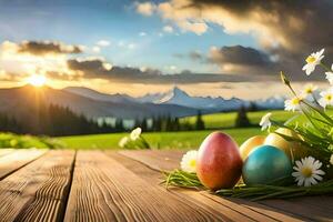 easter eggs on a wooden table in the mountains. AI-Generated photo