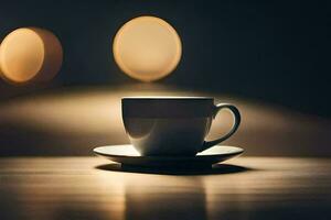 a cup of coffee on a table in front of a light. AI-Generated photo