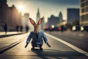 a rabbit dressed in a suit and tie is walking on a street. AI-Generated photo