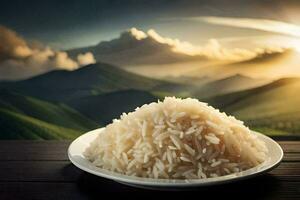 a plate of rice on a table in front of mountains. AI-Generated photo