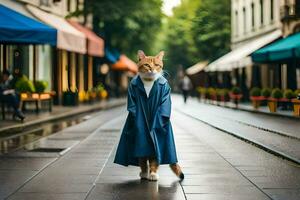 a cat wearing a blue coat and walking down a street. AI-Generated photo