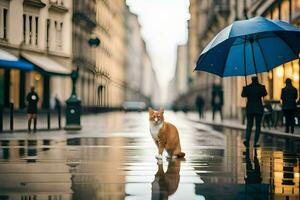 un gato caminando en el lluvia con un sombrilla. generado por ai foto