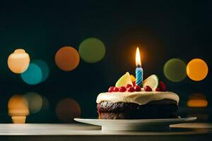a birthday cake with a lit candle on a plate. AI-Generated photo