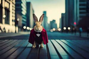 a rabbit wearing a red coat and tie standing on a street. AI-Generated photo