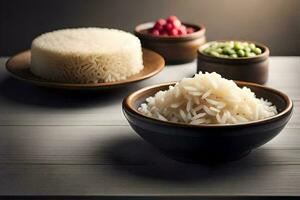 a bowl of rice, a bowl of peas and a bowl of rice. AI-Generated photo