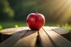 un manzana se sienta en parte superior de un de madera mesa. generado por ai foto