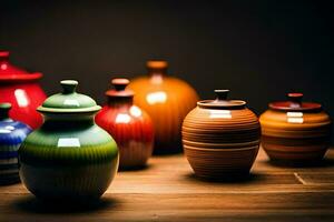 a group of colorful vases on a wooden table. AI-Generated photo