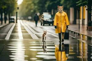 a woman in a yellow raincoat walking with a cat. AI-Generated photo