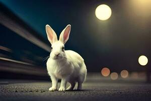 white rabbit standing on the street at night. AI-Generated photo