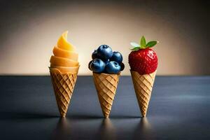 three ice cream cones with fruit in them. AI-Generated photo