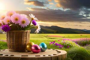 easter eggs in a basket on a wooden table. AI-Generated photo