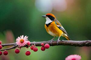 a bird sits on a branch with pink flowers. AI-Generated photo