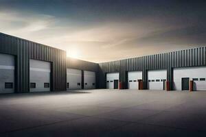 a large warehouse with four garage doors. AI-Generated photo