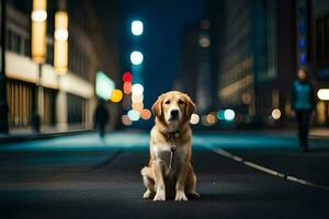 a dog sitting on the street at night. AI-Generated photo