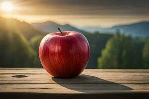 an apple sits on a wooden table in front of a mountain. AI-Generated photo