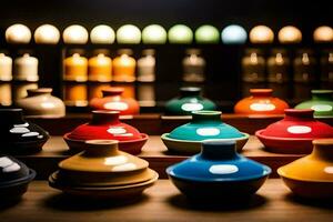 colorful vases sit on a table in front of a wall. AI-Generated photo