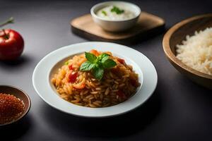 a bowl of rice with tomatoes and basil on a table. AI-Generated photo