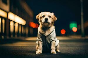 a dog wearing a sweater on the street at night. AI-Generated photo