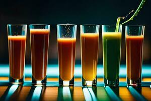 five glasses of juice with a straw. AI-Generated photo