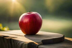 an apple sits on top of a wooden table. AI-Generated photo