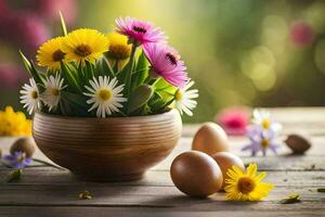 el Pascua de Resurrección flores en el florero. generado por ai foto