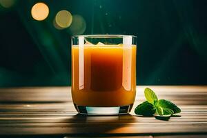 a glass of orange juice on a wooden table. AI-Generated photo