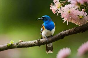 a blue and white bird sits on a branch. AI-Generated photo