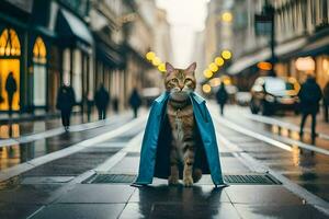 a cat in a coat standing on a street. AI-Generated photo