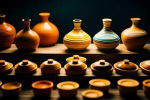 a row of colorful vases on a shelf. AI-Generated photo