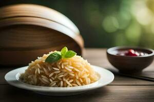 a plate of rice with a bowl of sauce and chopsticks. AI-Generated photo