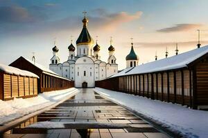 a snowy road leads to a church with two domes. AI-Generated photo