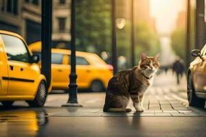a cat is sitting on the sidewalk in front of a yellow taxi. AI-Generated photo