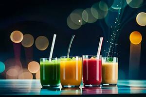 four glasses of juice with straws on a table. AI-Generated photo