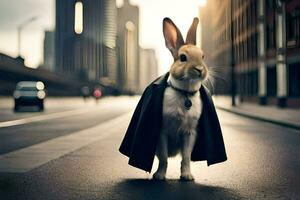 a rabbit wearing a black coat and tie standing on a city street. AI-Generated photo