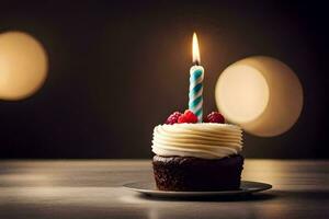 a cupcake with a single candle on top. AI-Generated photo