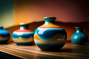 colorful vases on a wooden table. AI-Generated photo
