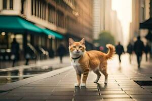 an orange and white cat standing on a city street. AI-Generated photo