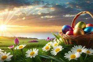 easter eggs in a basket on a field. AI-Generated photo