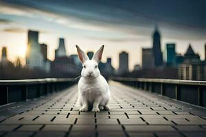 a rabbit is standing on a bridge in front of a city. AI-Generated photo