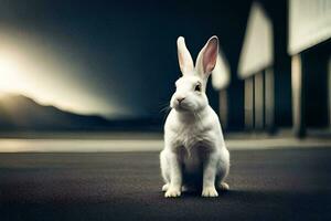 white rabbit sitting on the ground in front of a building. AI-Generated photo