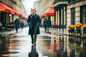 un gato vistiendo un máscara camina abajo un calle. generado por ai foto