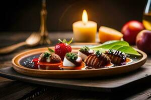 a plate with food and a candle. AI-Generated photo